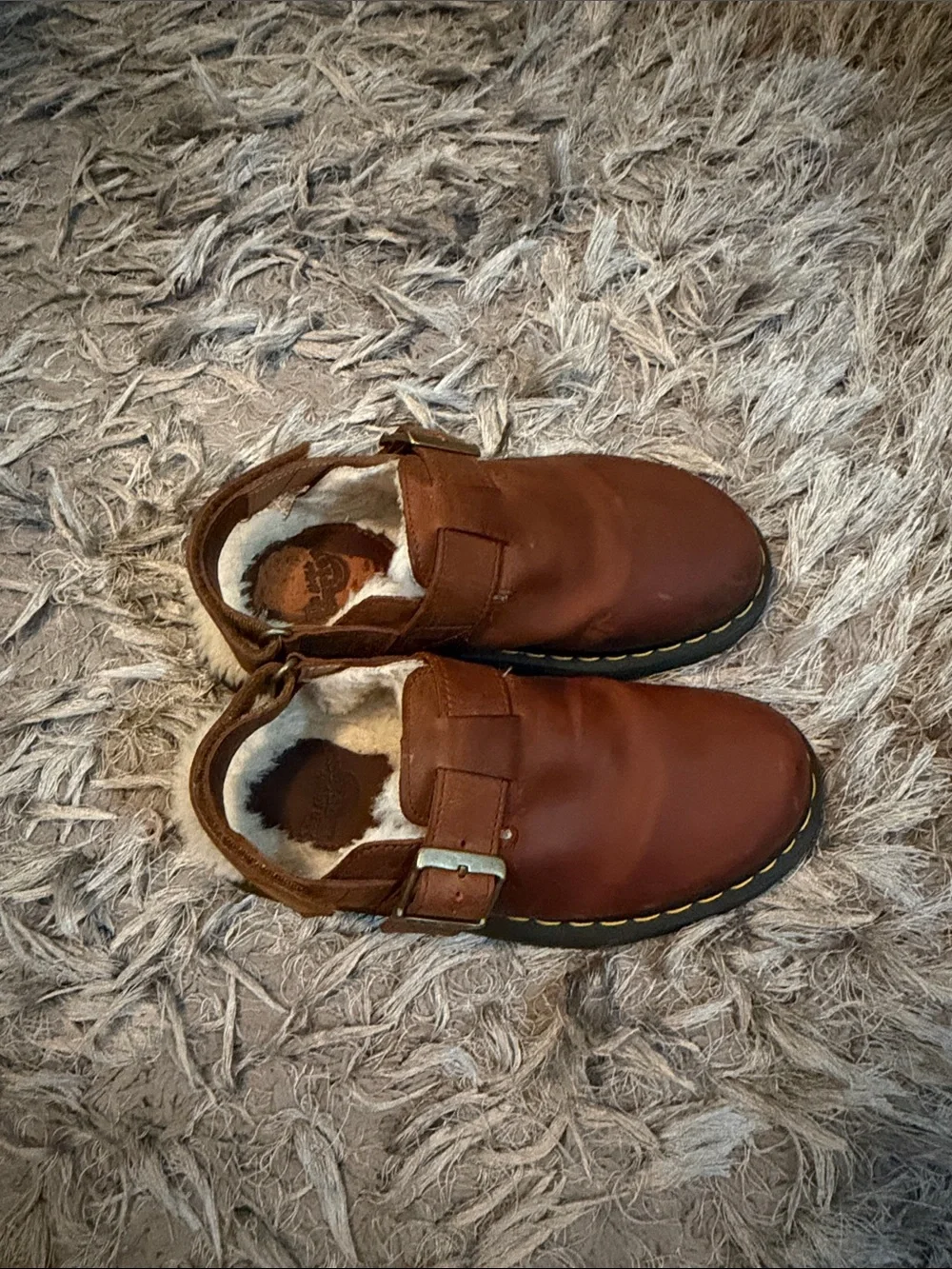 Dr. Martens Brown Leather Buckle Clog Sandals with Yellow Stitching